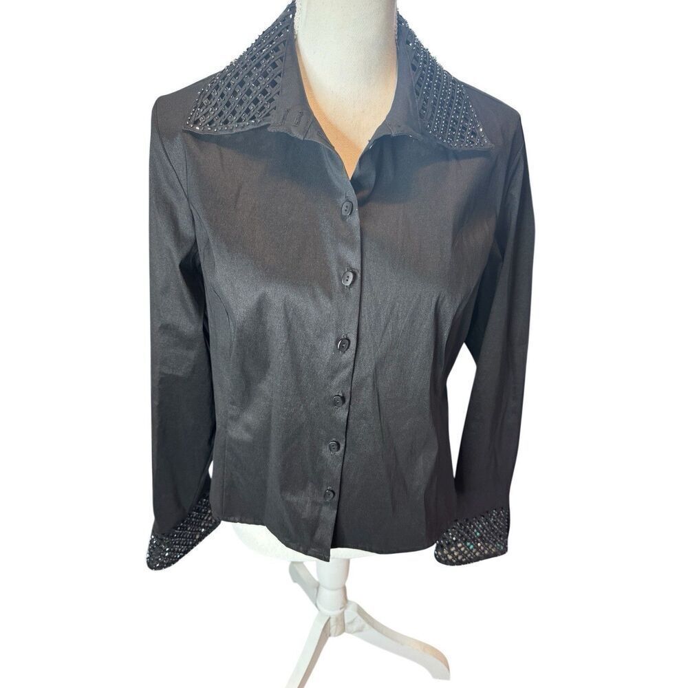 Joseph Ribkoff Black Blouse Size 3 Button Up Stretchy Long Sleeve Beaded